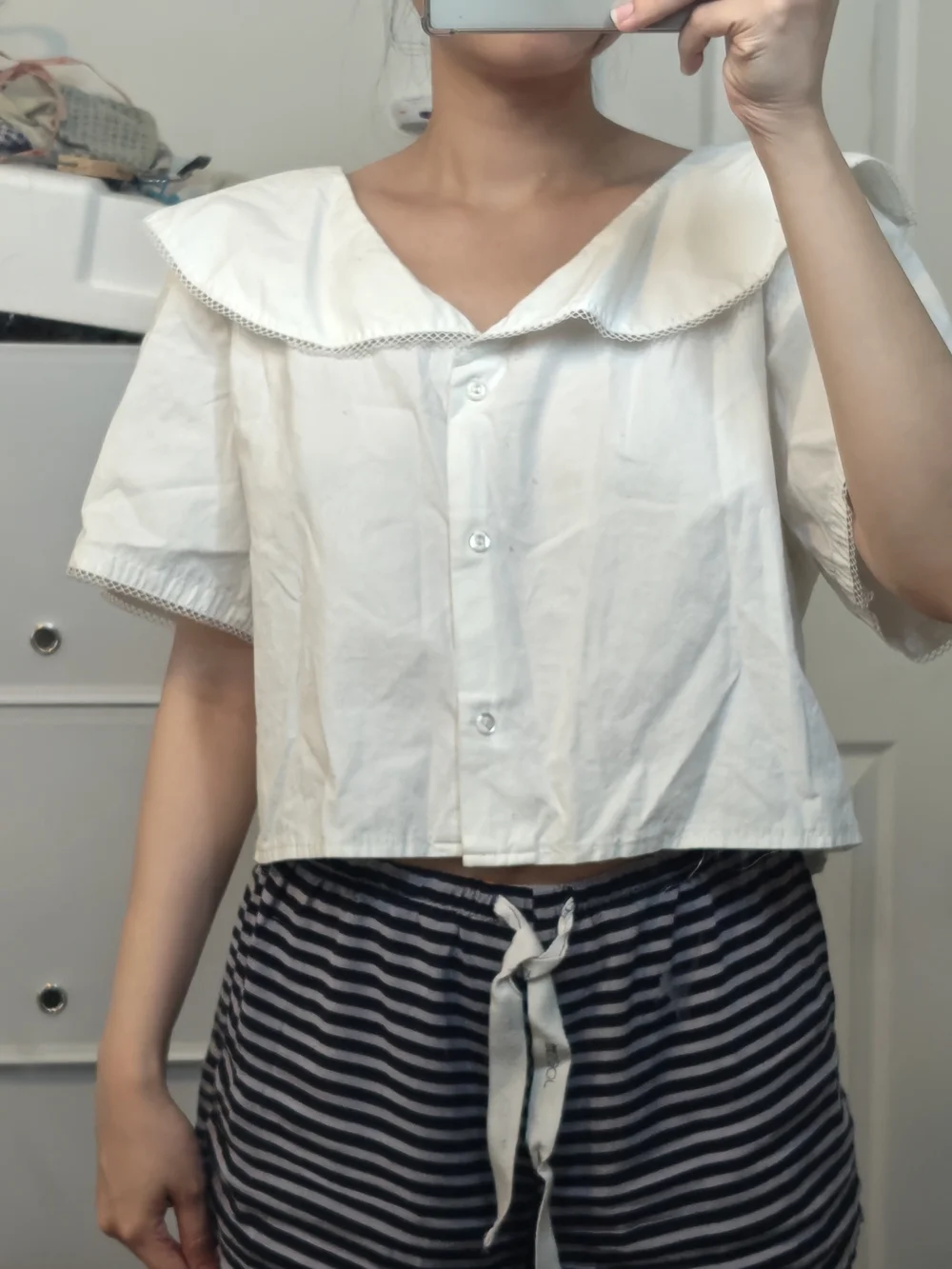 Vintage Cheryl Tiegs 80s Lace Trim Peter Pan/Sailor Collar Blouse Crop Top 12 - Picture 16 of 16
